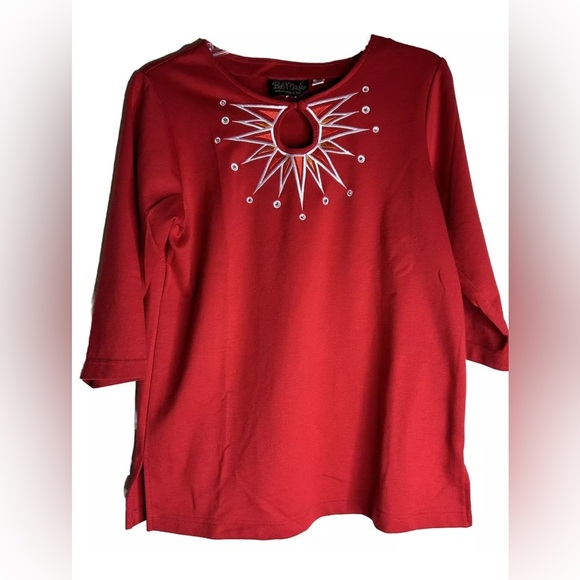 Bob Mackie Red Multi Key Hole Embroidered 3/4 Sleeve Knit Top Size XSmall - Picture 1 of 4